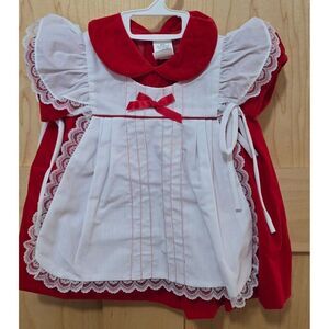 Vintage Red Baby Girls Red Velvet Dress With White Lace Overlay & Bow Collar